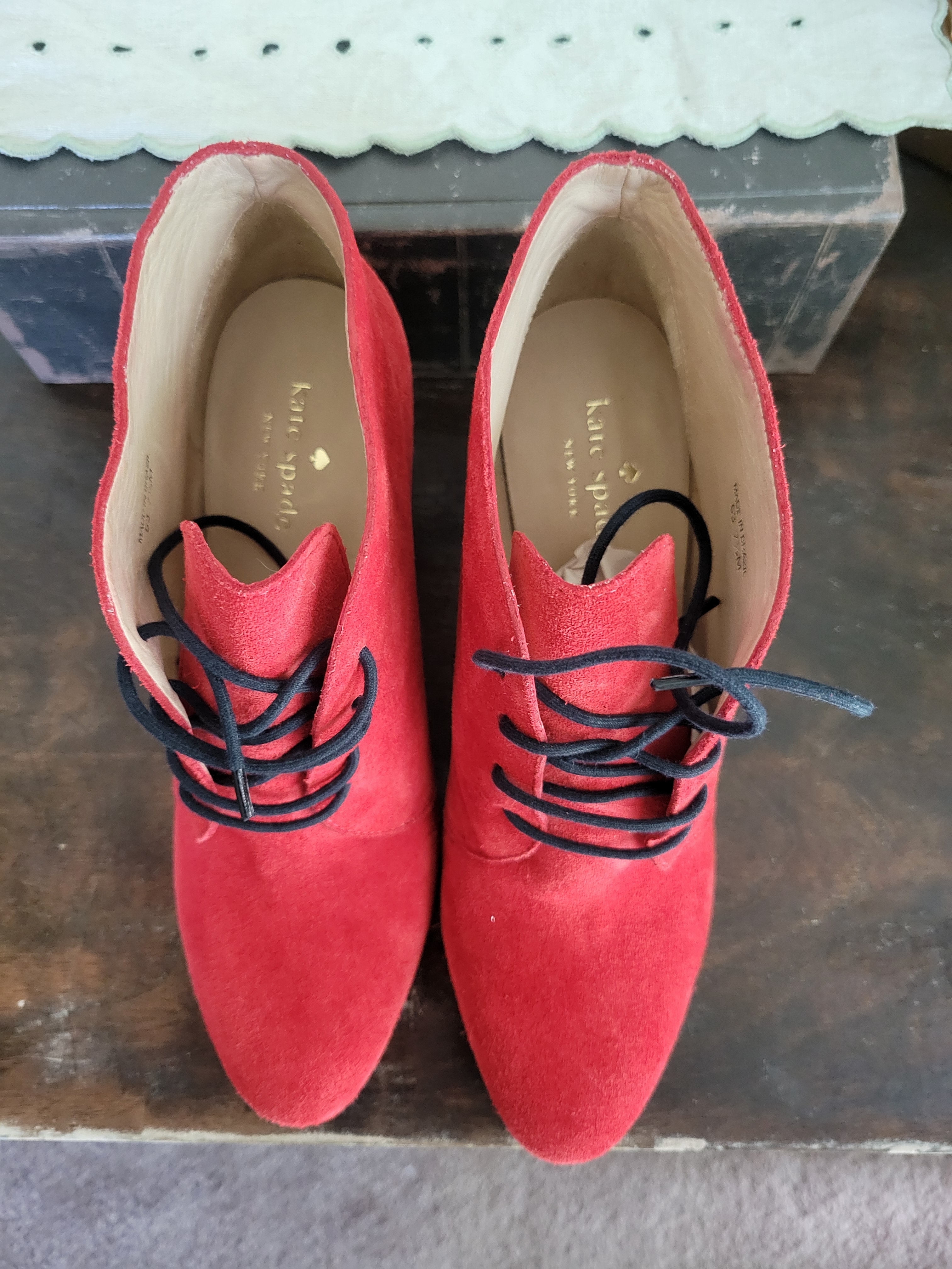 Kate Spade Red Suede Lace-Up Booties With Black Laces Size 7.5